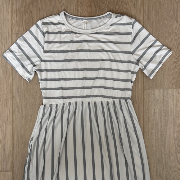 Pinkblush White + Heather Grey Striped Maternity Midi Dress, Summer Sundress - Picture 3 of 9